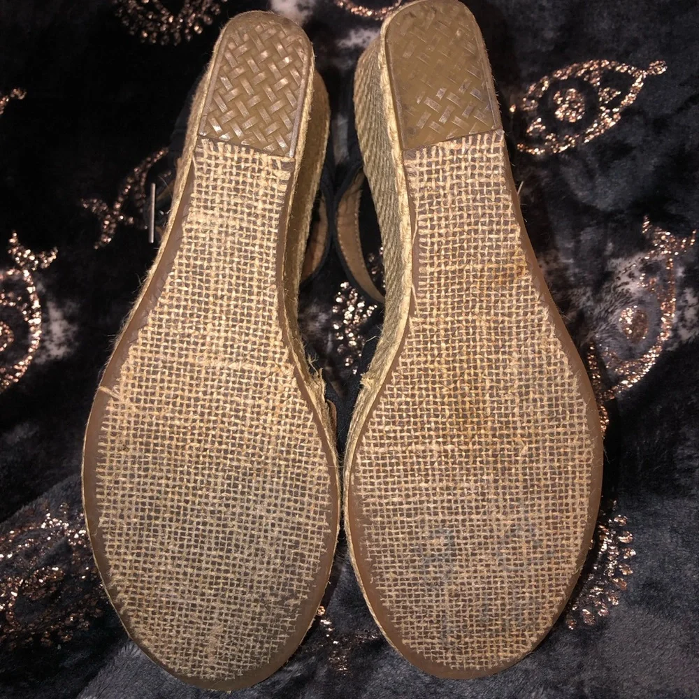 Toms Black Canvas Espadrille Wedge Sandals with Natural Rope Heel